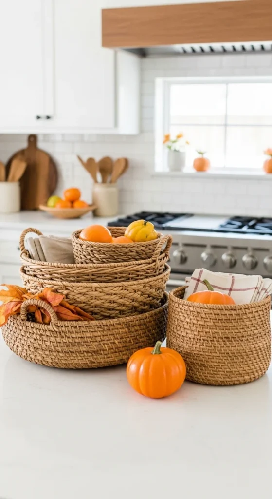 17 Stunning Thanksgiving Kitchen Decor Ideas for a Cozy Holiday Look 19 16. Rustic Baskets and Storage Displays