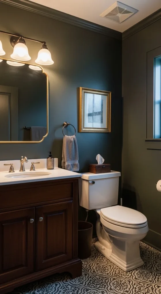 17 Stunning Moody Powder Bathroom Ideas for Small Spaces 19 16. Vintage Inspired Moody Bathroom with Dark Nostalgic Tones