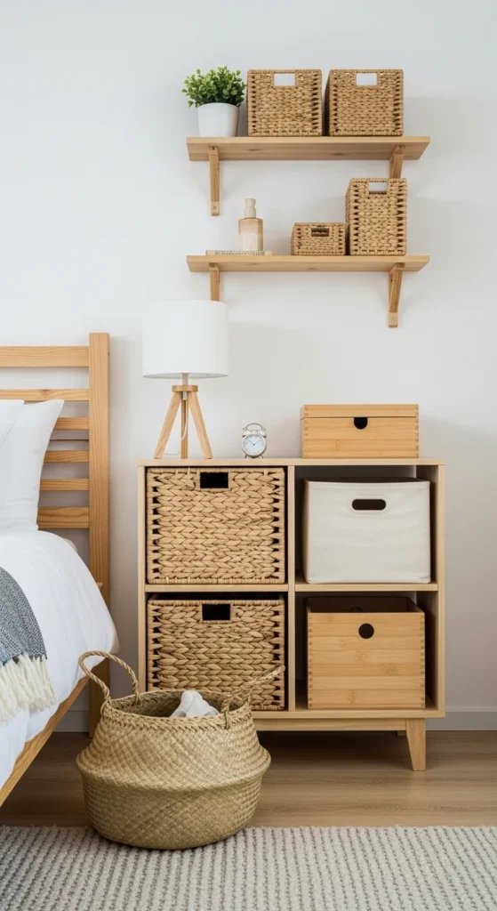 19 Natural Bedroom Oasis Ideas for a Calm Sleep Sanctuary 20 17. Add Natural Storage Solutions to Reduce Clutter