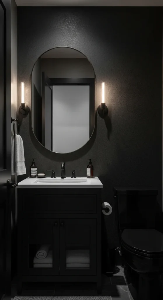 17 Stunning Moody Powder Bathroom Ideas for Small Spaces 20 17. Monochrome Dark Palette for a Bold Moody Statement