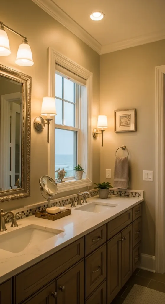 19 Stunning Beach Bathroom Ideas for a Coastal Retreat 20 17. Soft Lighting to Mimic Sunset and Sunlight