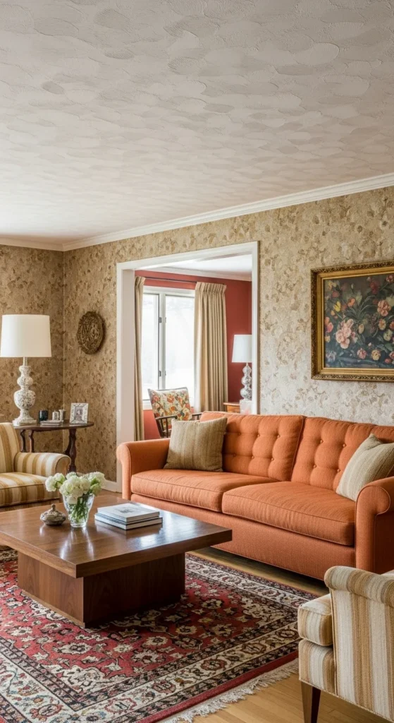 17 Embracing 70s Interior Design Ideas in Modern Homes 20 17. Textured Ceilings and Wall Treatments