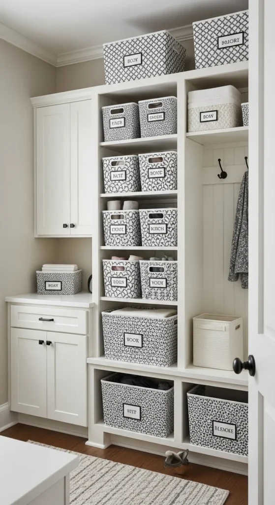 19 Laundry Mud Room Ideas That Combine Style, Storage, and Smart Organization 21 18. Color Coordinated Storage Bins for Visual Harmony