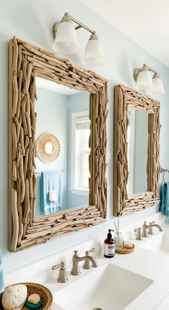 19 Stunning Beach Bathroom Ideas for a Coastal Retreat 21 18. Mirror Frames in Driftwood or Natural Materials