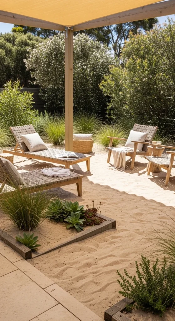 19 Coastal Australian Garden Ideas for a Relaxed Outdoor Space 21 18. Sand Inspired Relaxation Zones in Coastal Gardens