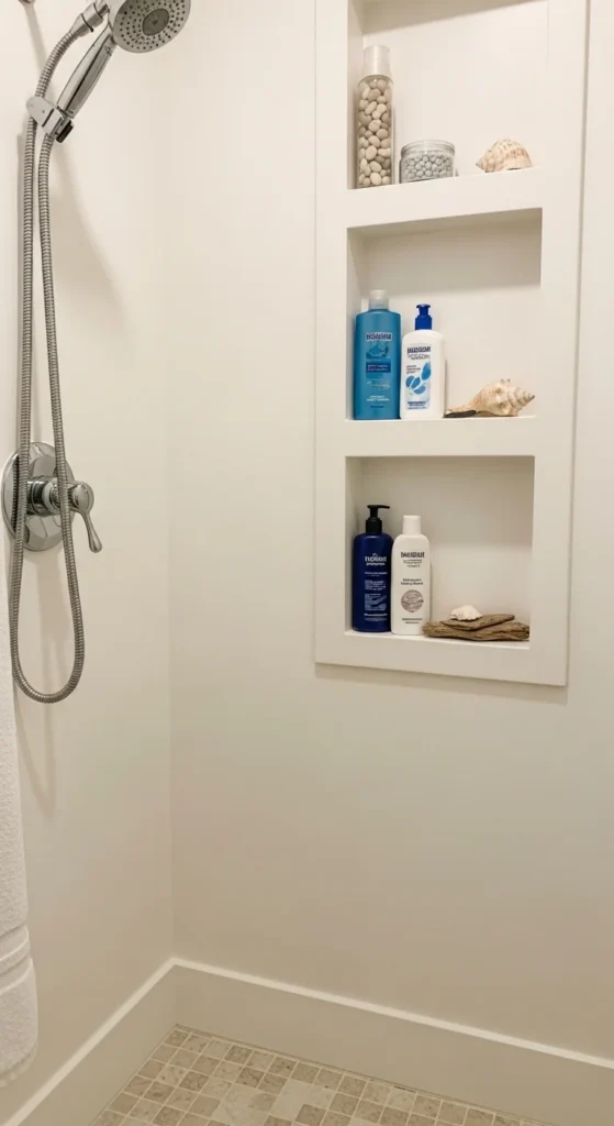 19 Stunning Beach Bathroom Ideas for a Coastal Retreat 22 19. Coastal Shower Nooks with Built In Storage