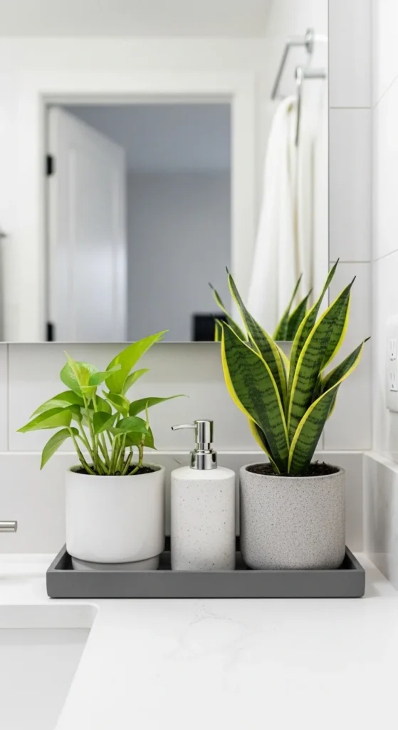 13 Bathroom Counter Decor Ideas for a Stylish and Organized Bathroom 5 2. Add Small Plants for Fresh Bathroom Counter Decor