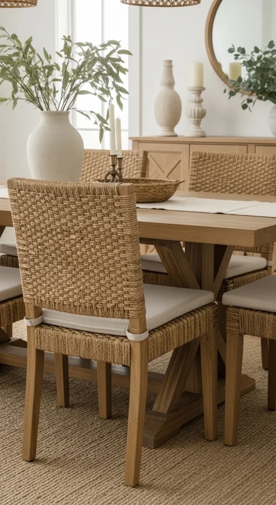 19 Organic Dining Room Ideas for Calm Nature Inspired Space Ideas 5 2. Add Woven Dining Chairs for Texture and Warmth