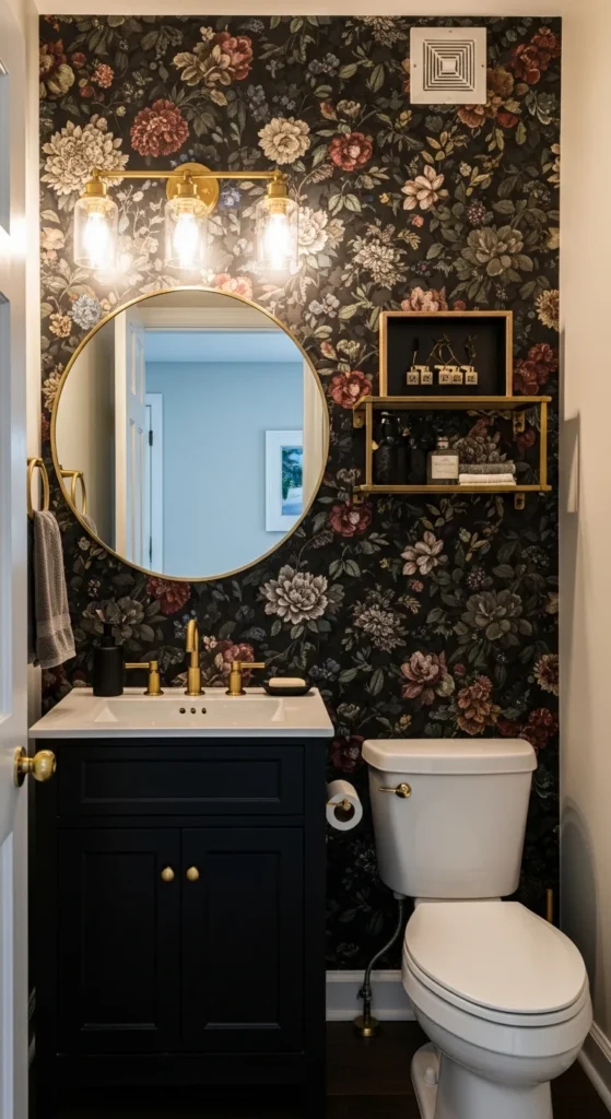 17 Stunning Moody Powder Bathroom Ideas for Small Spaces 5 2. Dark Floral Wallpaper to Add Drama and Personality