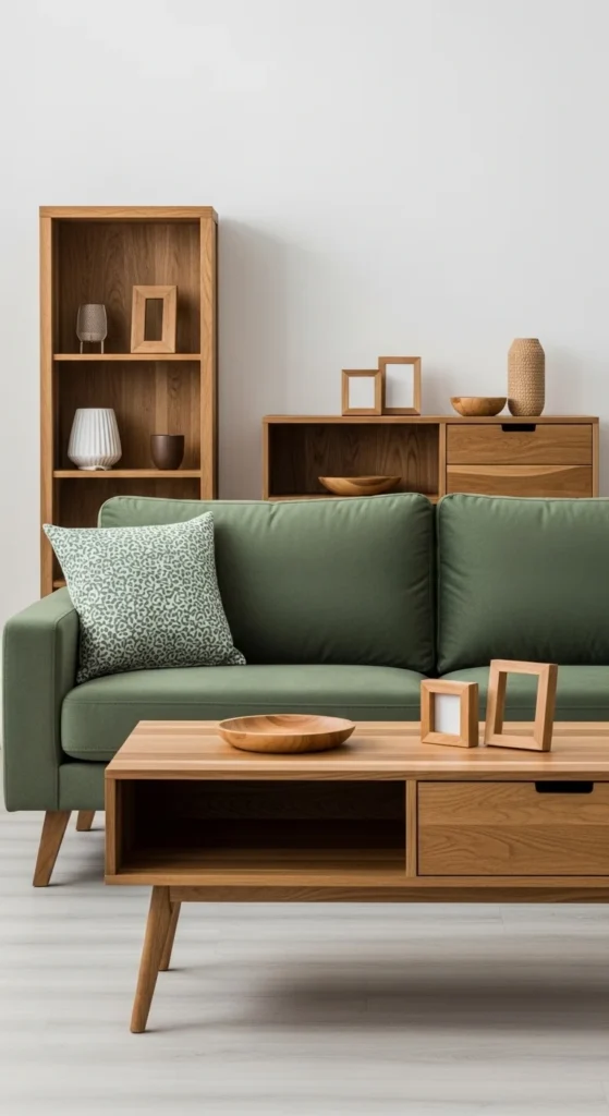 17 Green Couch Living Room Ideas for a Fresh and Vibrant Home 5 2. Incorporating Natural Wooden Elements