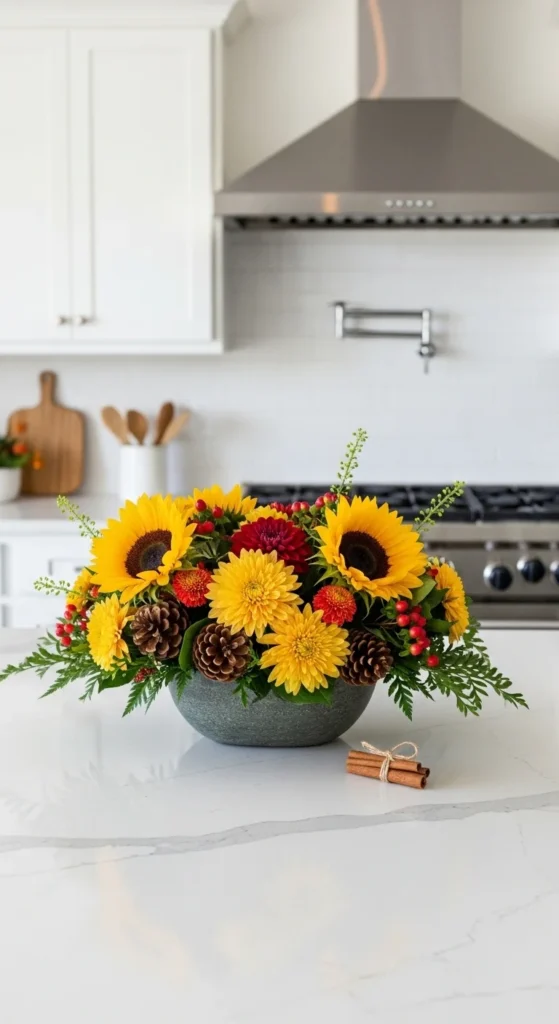 15 Thanksgiving Kitchen Island Decor Ideas to Transform Your Holiday Space 4 2. Seasonal Floral Arrangement