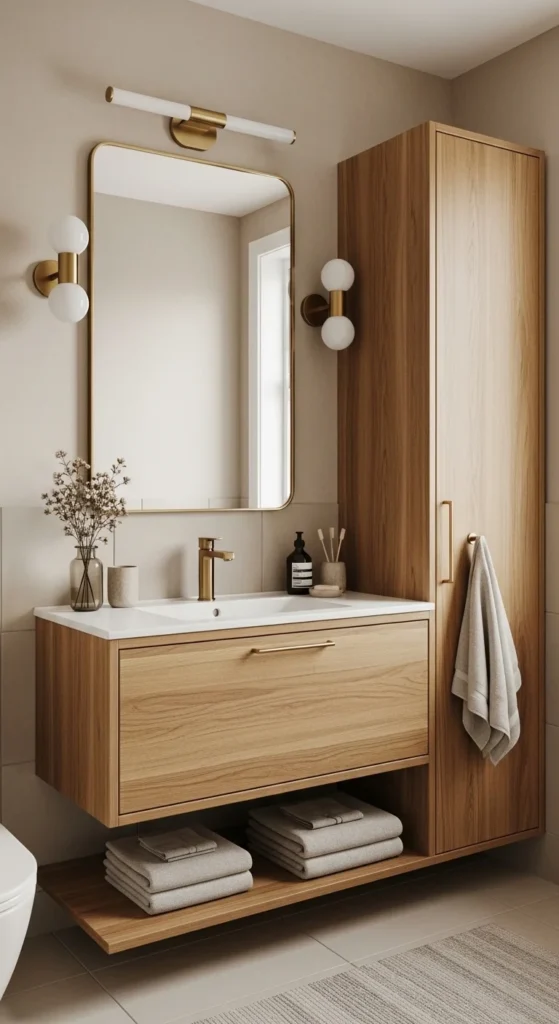 13 Warm Neutral Bathroom Ideas for a Cozy Retreat 5 2. Wooden Vanity to Add Organic Texture