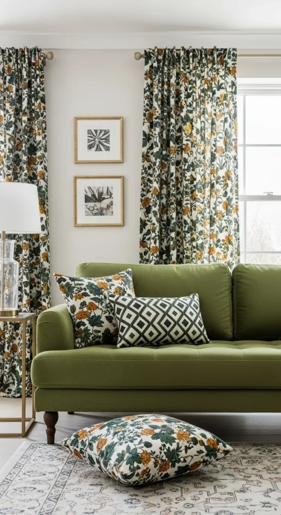 17 Green Couch Living Room Ideas for a Fresh and Vibrant Home 6 3. Adding Bold Patterns and Prints