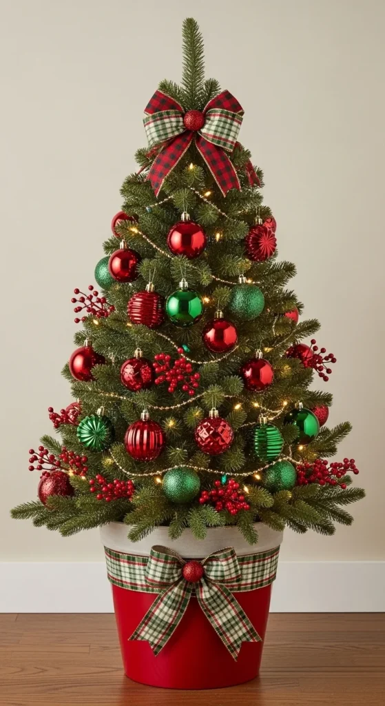 17 Christmas Tree Planter Styling Ideas for Festive Decor 6 3. Classic Red and Green Christmas Tree Planter Styling