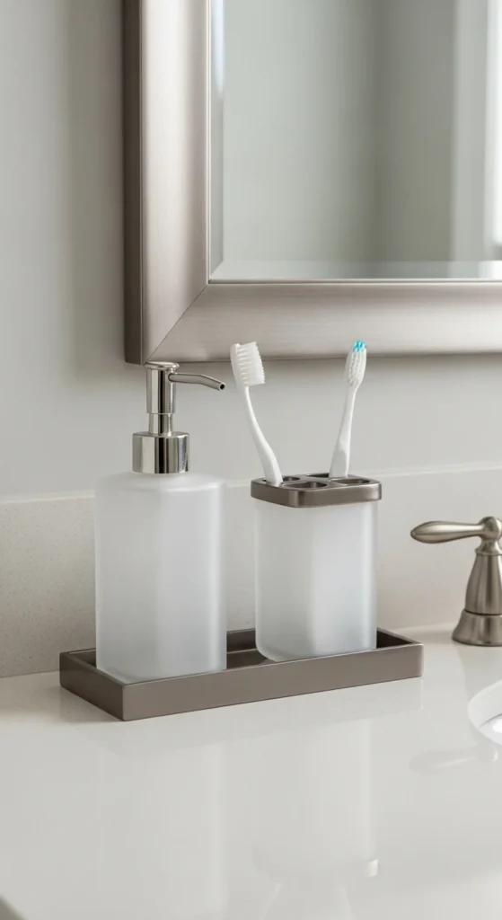 13 Bathroom Counter Decor Ideas for a Stylish and Organized Bathroom 6 3. Display Elegant Soap Dispensers as Bathroom Counter Decor