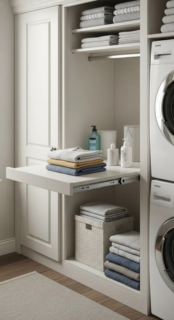 13 Small Laundry Stackable Room Ideas to Maximize Style Tips 6 3. Incorporate Pull Out Folding Tables