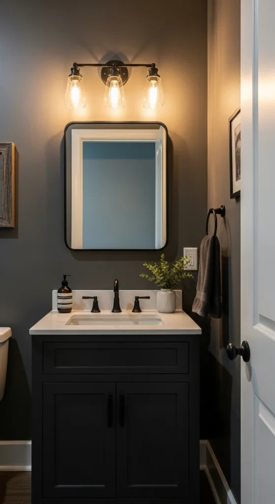17 Stunning Moody Powder Bathroom Ideas for Small Spaces 6 3. Matte Black Fixtures That Elevate the Entire Mood