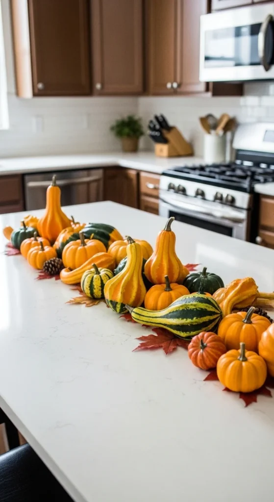 15 Thanksgiving Kitchen Island Decor Ideas to Transform Your Holiday Space 5 3. Mini Gourd Collection Display