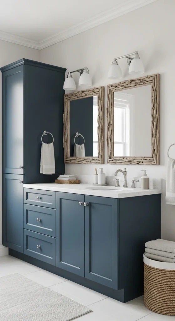 19 Stunning Beach Bathroom Ideas for a Coastal Retreat 6 3. Nautical Blue Cabinets to Evoke Oceanic Calm