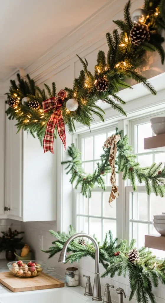13 Christmas Kitchen decorations Ideas for a Festive Home 6 3. Seasonal Garland on Shelves and Cabinets