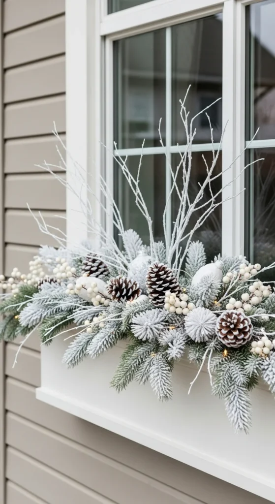 15 Christmas Window Box Ideas to Transform Your Home Exterior 6 3. Snowy White Christmas Window Box for a Winter Wonderland Look