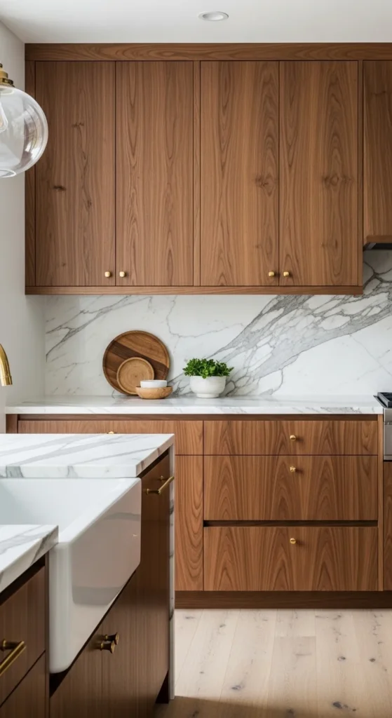 17 Modern Walnut Kitchen Cabinets Ideas for Stylish Design 6 3. Walnut Cabinets with Marble Countertops