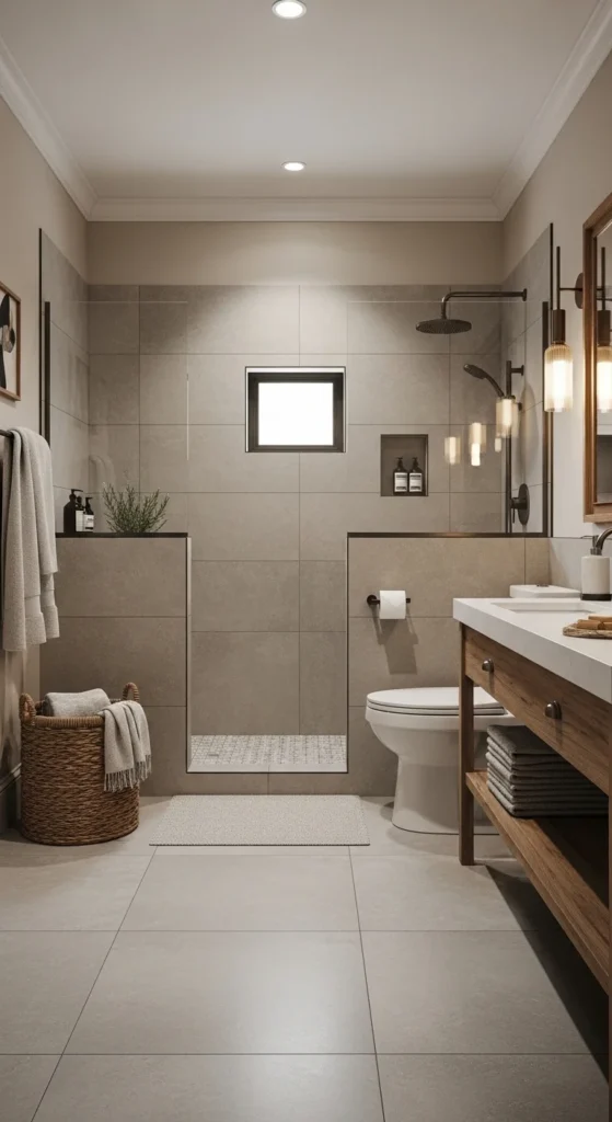 13 Warm Neutral Bathroom Ideas for a Cozy Retreat 6 3. Warm Grey Tiles for Subtle Sophistication