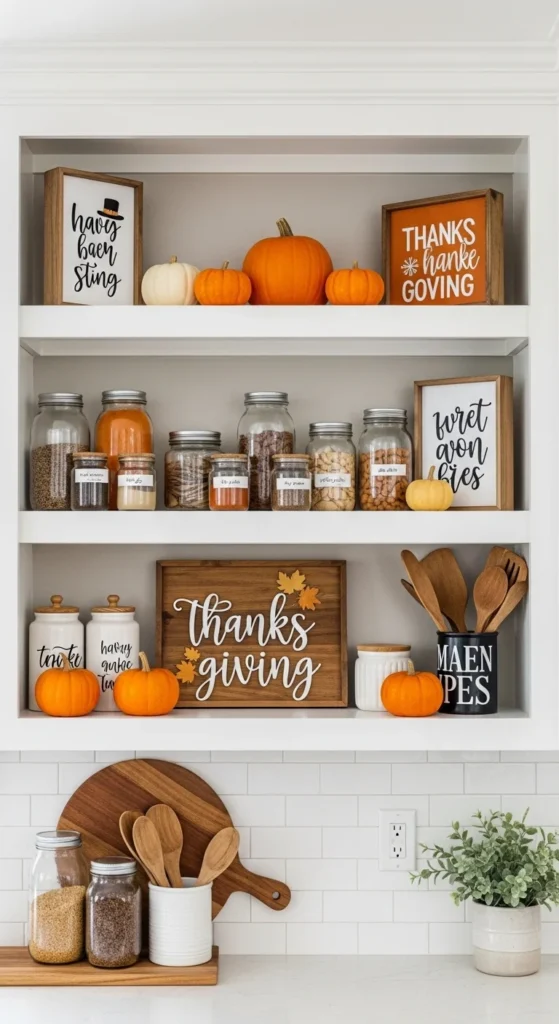 17 Stunning Thanksgiving Kitchen Decor Ideas for a Cozy Holiday Look 7 4. Harvest Themed Shelving Displays