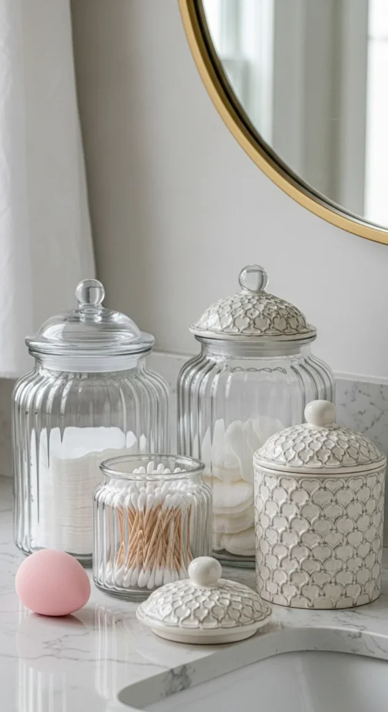 13 Bathroom Counter Decor Ideas for a Stylish and Organized Bathroom 7 4. Incorporate Decorative Jars for Bathroom Counter Decor Storage