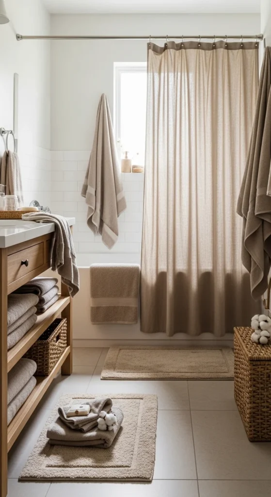 13 Warm Neutral Bathroom Ideas for a Cozy Retreat 7 4. Linen and Cotton Textiles for Cozy Comfort