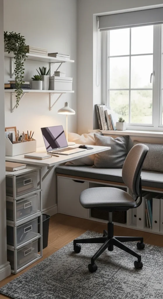 15 Living Room Window Nook Ideas for a Cozy and Stylish Space 7 4. Multifunctional Workstation Nook