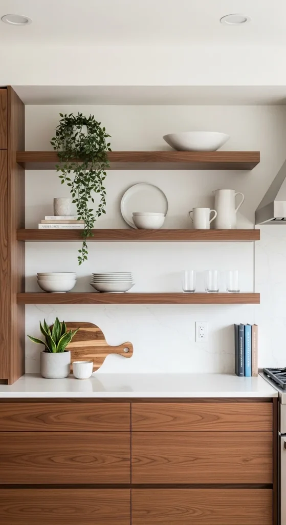 17 Modern Walnut Kitchen Cabinets Ideas for Stylish Design 7 4. Open Shelving with Walnut Cabinet Accents