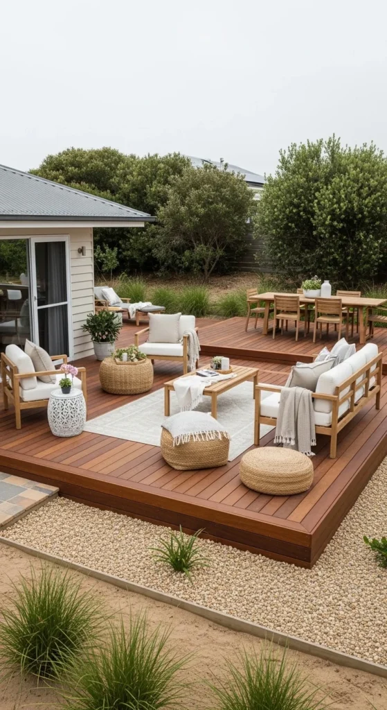 19 Coastal Australian Garden Ideas for a Relaxed Outdoor Space 7 4. Raised Timber Decking for a Coastal Australian Garden Retreat