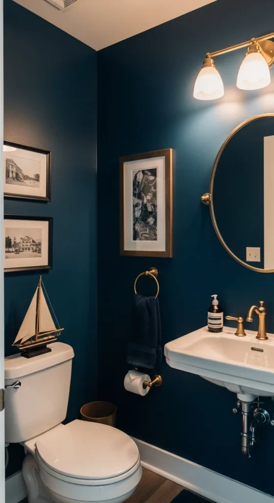 17 Stunning Moody Powder Bathroom Ideas for Small Spaces 7 4. Rich Navy Walls for a Sophisticated Small Space Look