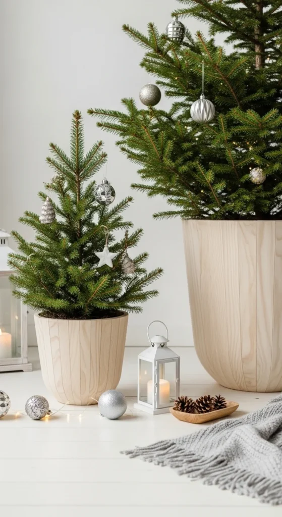 17 Christmas Tree Planter Styling Ideas for Festive Decor 7 4. Scandinavian Christmas Tree Planter Styling with Natural Elements