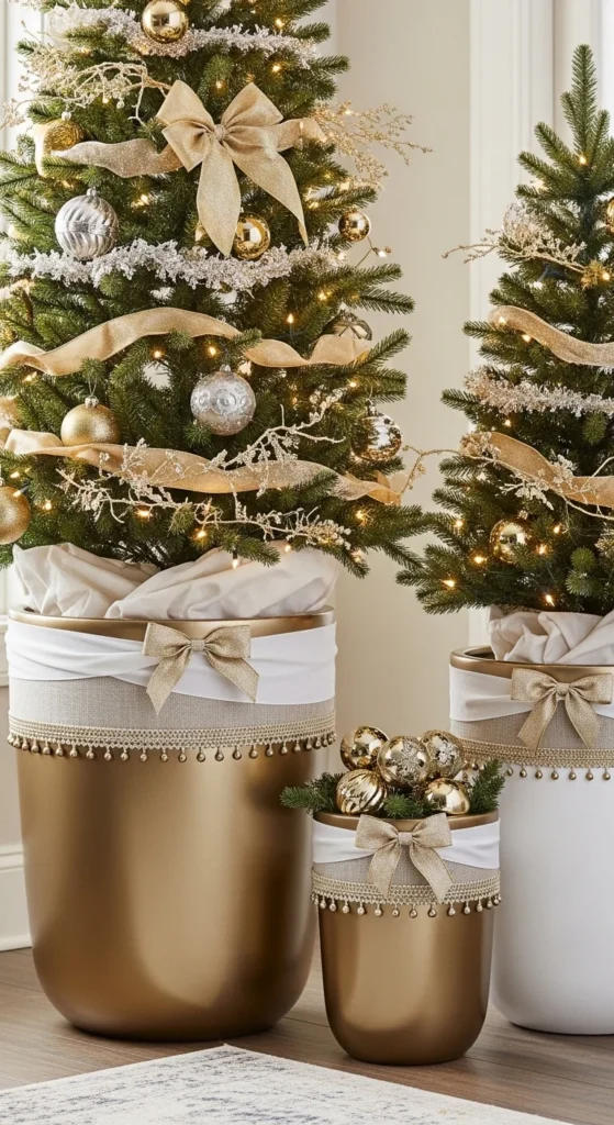 17 Christmas Tree Planter Styling Ideas for Festive Decor 8 5. Glamorous Gold and White Christmas Tree Planter Styling