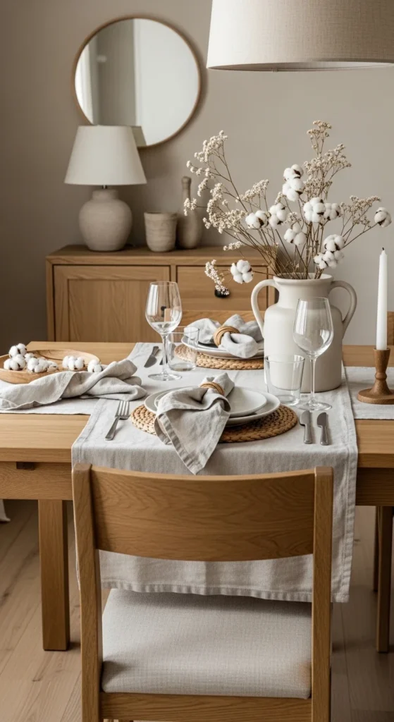 13 Natural Dining Room Oasis Ideas for Peaceful Inviting Space 8 5. Linen and Cotton Textiles for a Soft Natural Dining Room Oasis