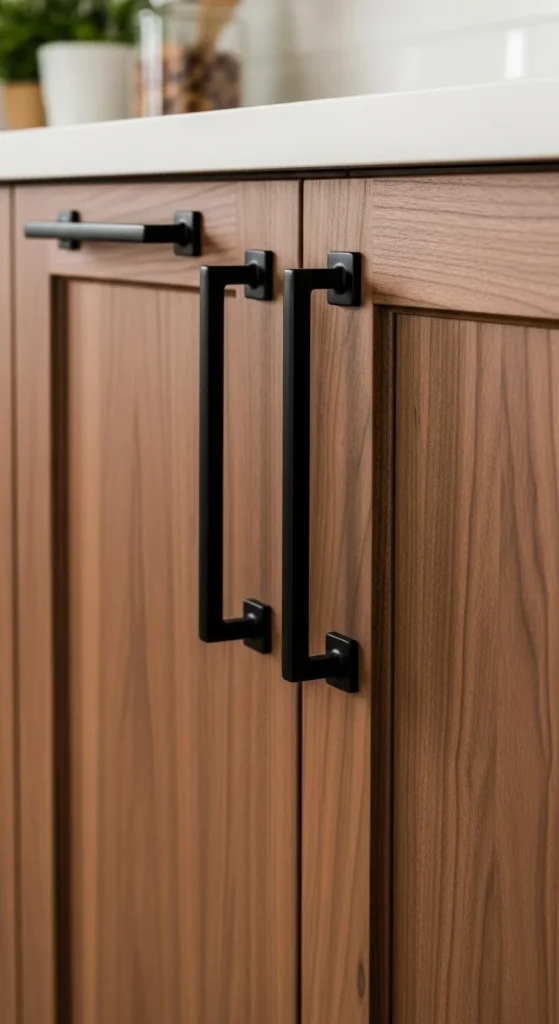 17 Modern Walnut Kitchen Cabinets Ideas for Stylish Design 8 5. Matte Black Hardware with Walnut Cabinets