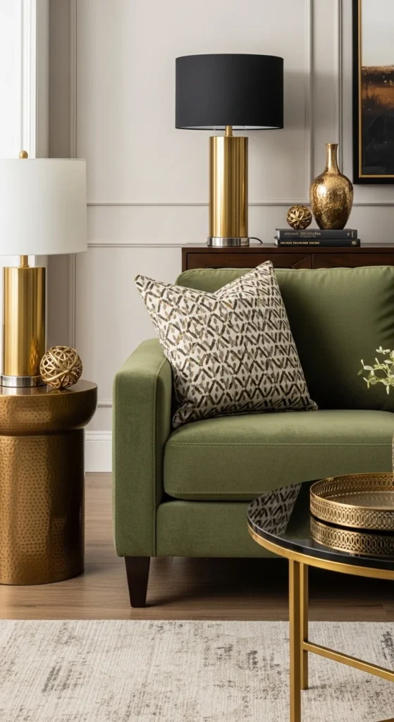 17 Green Couch Living Room Ideas for a Fresh and Vibrant Home 8 5. Pairing with Warm Metallic Accents
