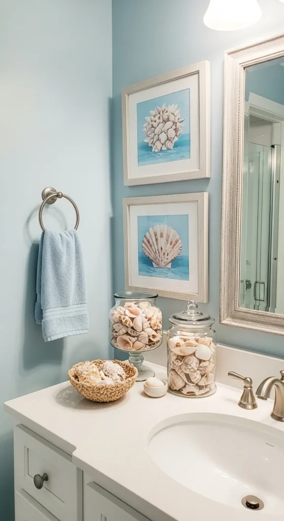 19 Stunning Beach Bathroom Ideas for a Coastal Retreat 8 5. Seashell Decor for Subtle Coastal Charm