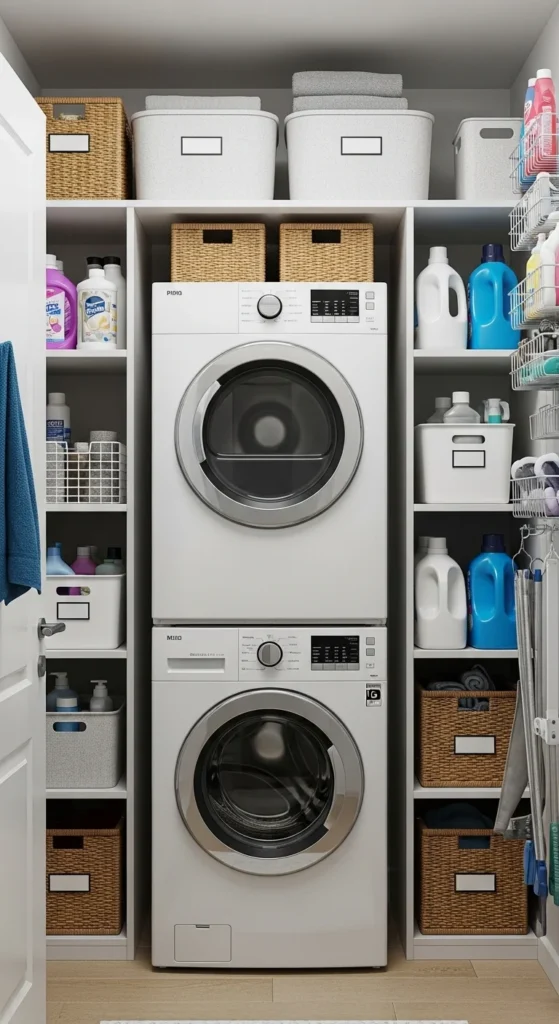 15 Laundry Room Top Loader Layout Ideas for Efficiency Boost 8 5. Stacked Top Loader Layout with Open Shelving