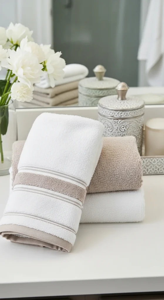 13 Bathroom Counter Decor Ideas for a Stylish and Organized Bathroom 8 5. Use Folded Towels as Bathroom Counter Decor Accents