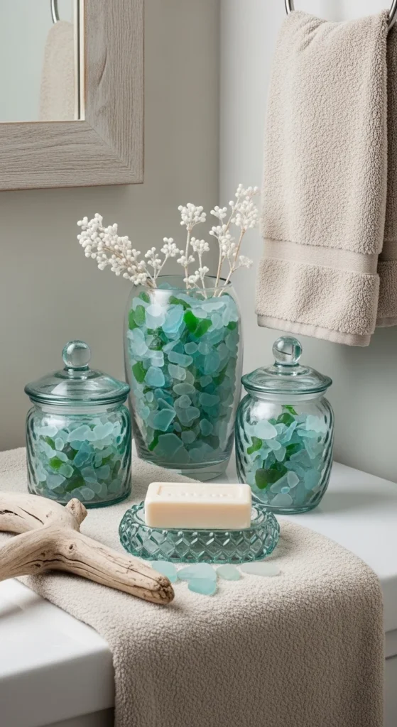 19 Stunning Beach Bathroom Ideas for a Coastal Retreat 9 6. Beach Glass Accessories for Sparkling Visual Interest