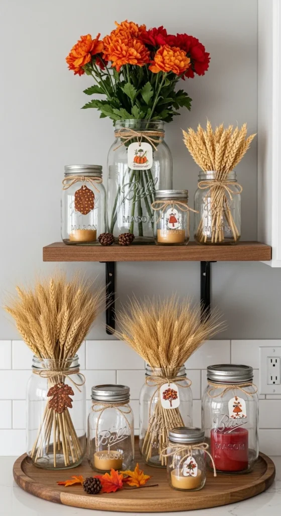 17 Stunning Thanksgiving Kitchen Decor Ideas for a Cozy Holiday Look 9 6. Creative Use of Mason Jars and Vases