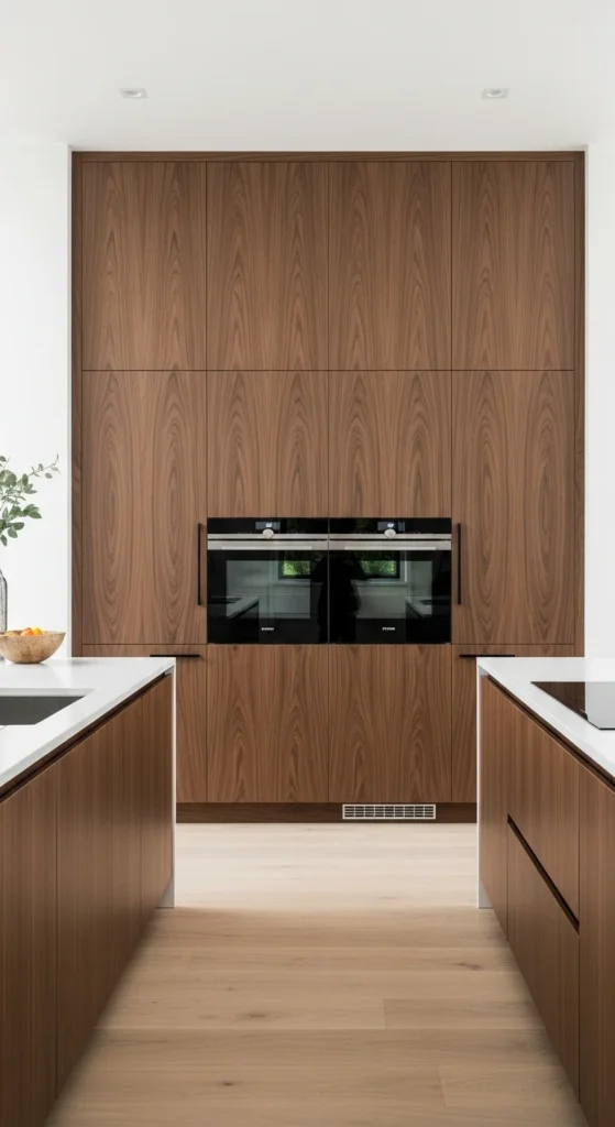 17 Modern Walnut Kitchen Cabinets Ideas for Stylish Design 9 6. Floor to Ceiling Modern Walnut Kitchen Cabinets