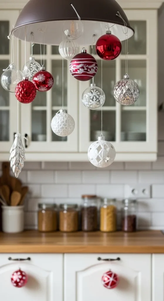 13 Christmas Kitchen decorations Ideas for a Festive Home 9 6. Hanging Ornaments in Unusual Places