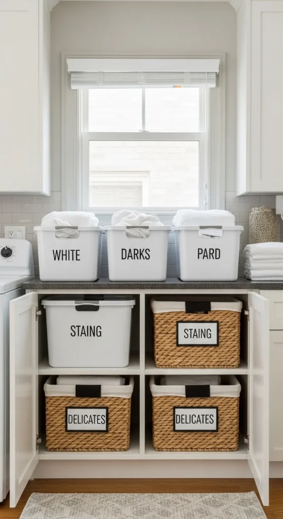 13 Small Laundry Stackable Room Ideas to Maximize Style Tips 9 6. Integrate a Laundry Sorting System