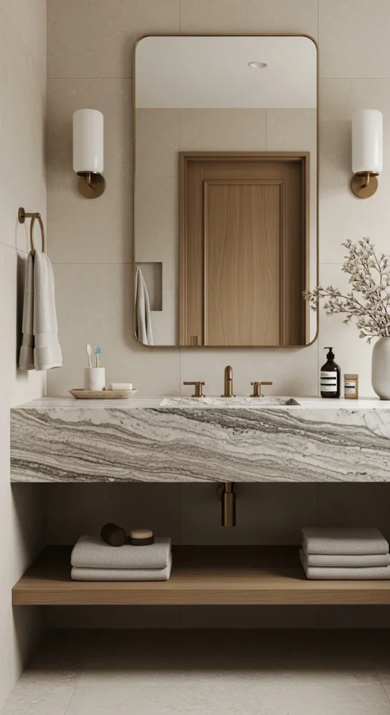 13 Warm Neutral Bathroom Ideas for a Cozy Retreat 9 6. Stone Countertops for Earthy Elegance