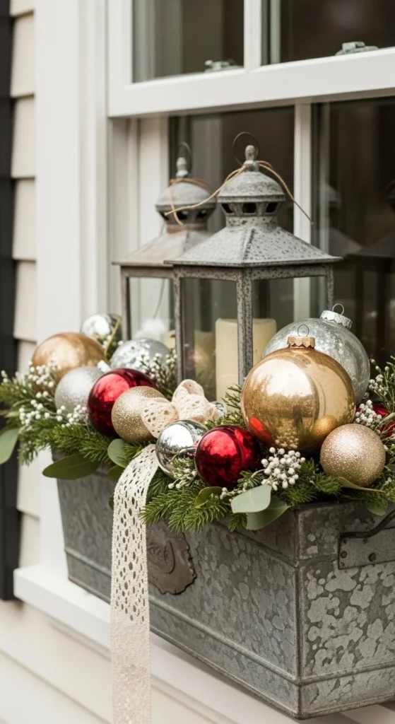 15 Christmas Window Box Ideas to Transform Your Home Exterior 9 6. Vintage Inspired Christmas Window Box with Antique decor