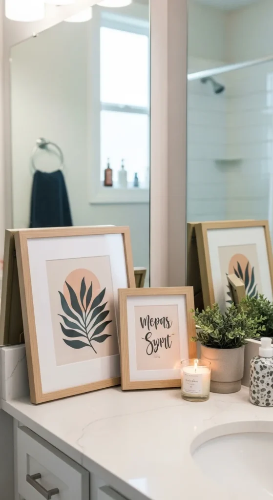 13 Bathroom Counter Decor Ideas for a Stylish and Organized Bathroom 10 7. Add Framed Artwork for Personality in Bathroom Counter Decor